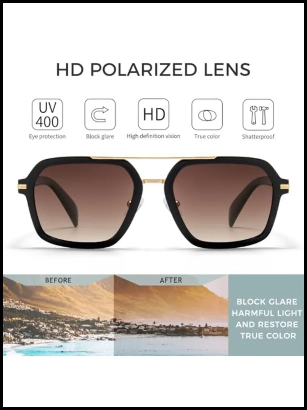 Polarized Aviator Sunglasses with Metal Top Bar for Driving Travel